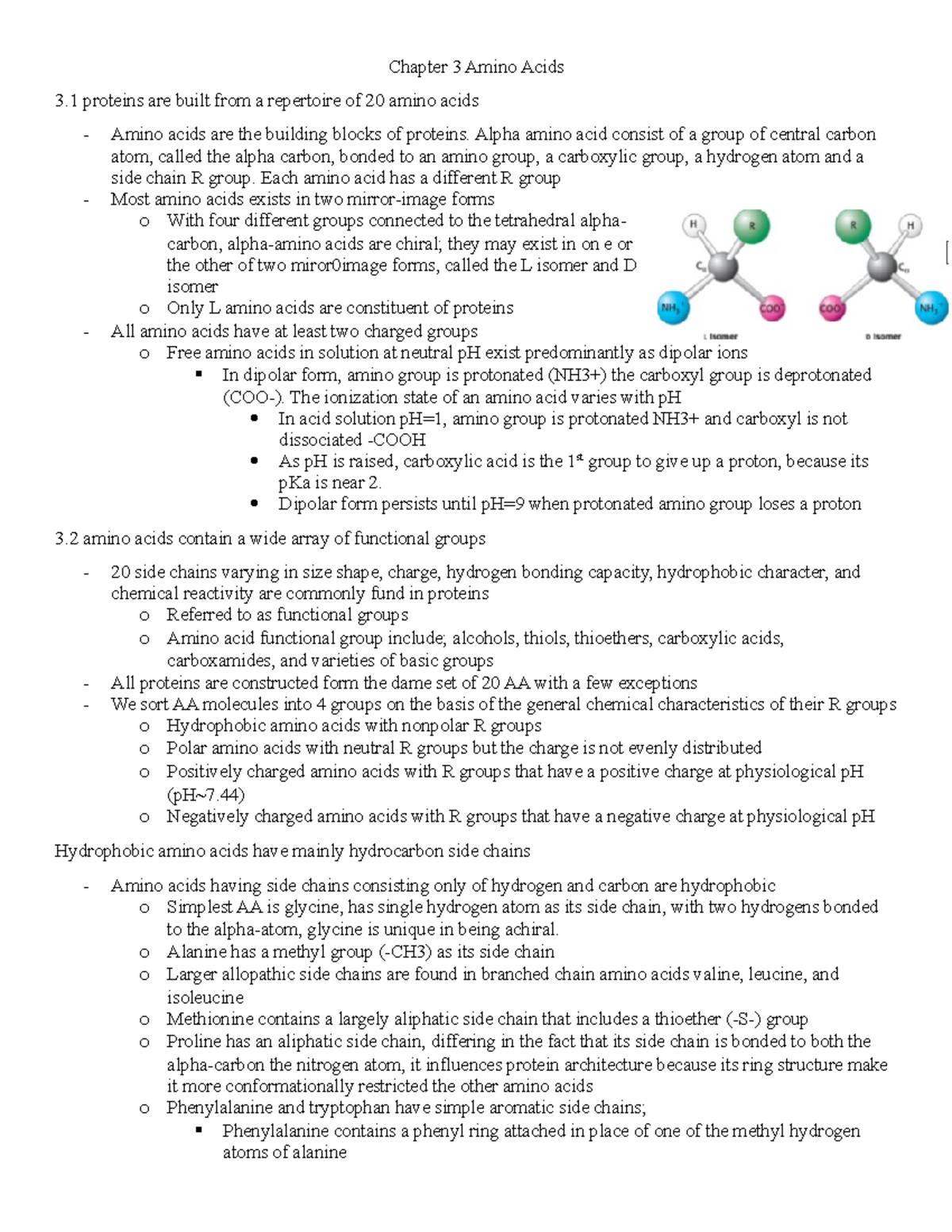 Chapter 3 Amino Acids - Lecture notes 3 - Chapter 3 Amino Acids 3 ...
