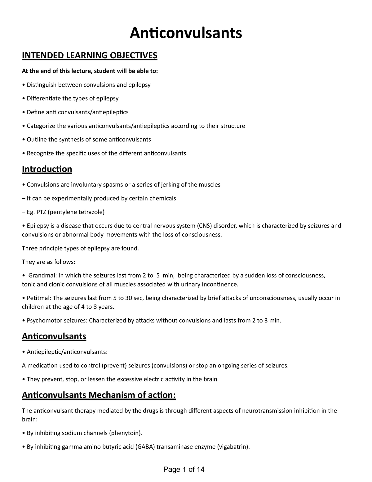 Chapter 12 Anticonvulsants Page 1 Of 14 Anticonvulsants Intended Learning Objectives At The 2187