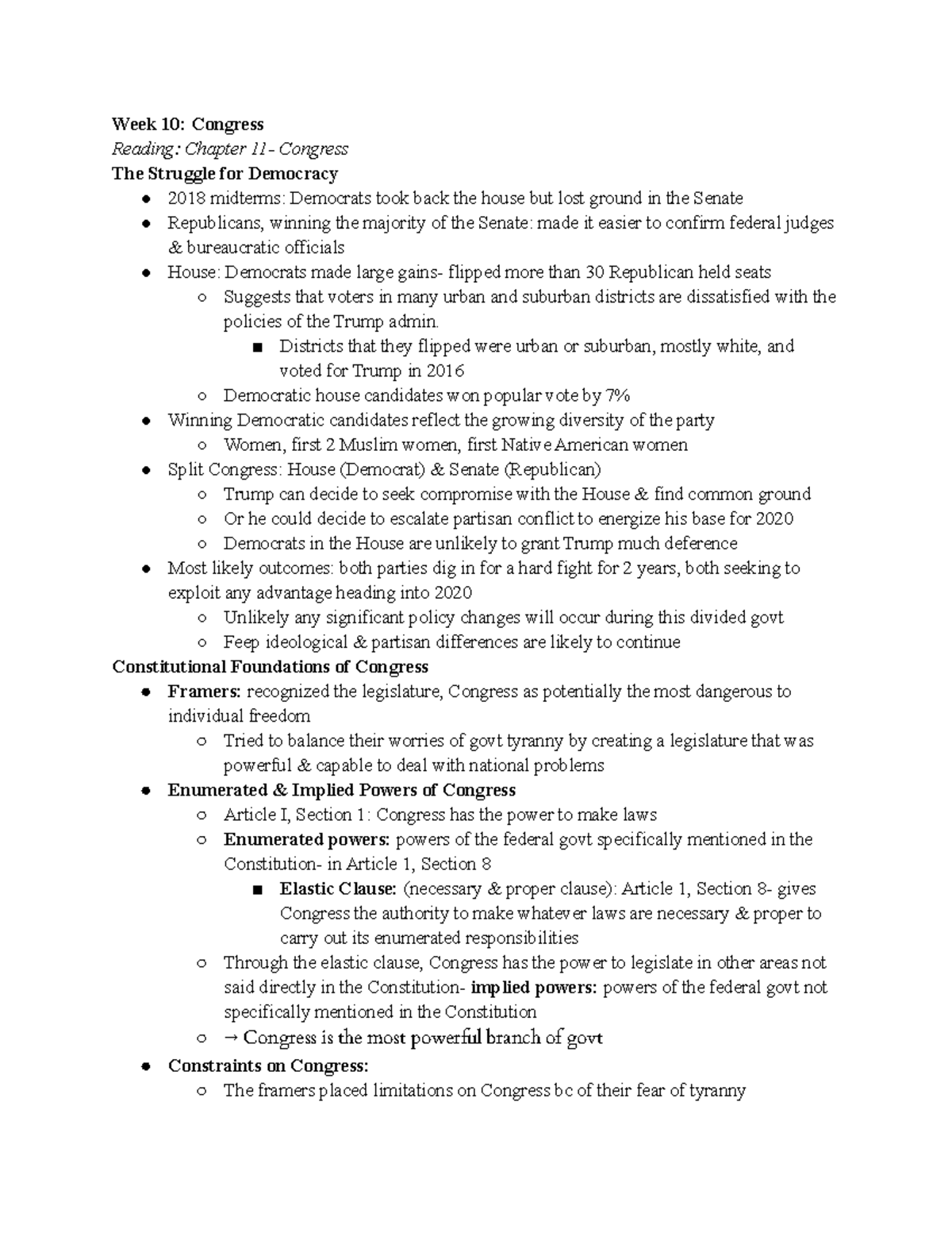 Week 10 Congress - Reading Notes from Week 10- Ferraiolo - Week 10 ...