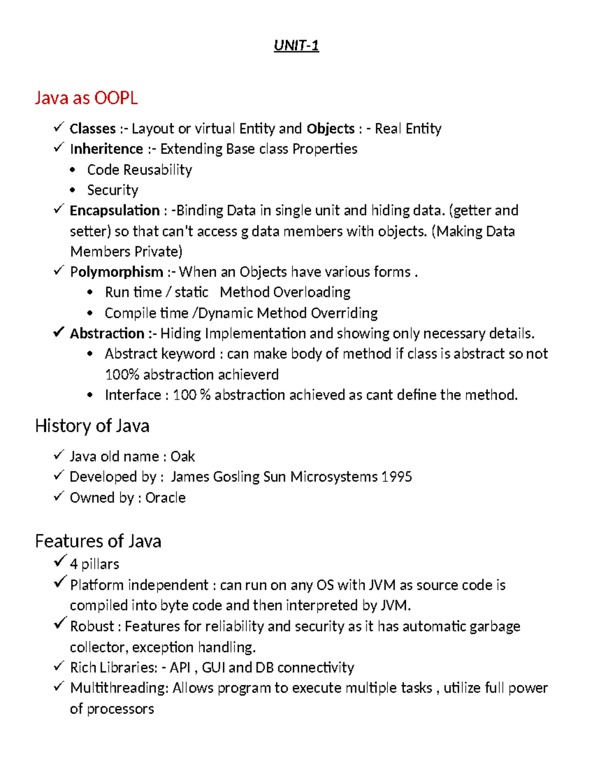 Java-Notes - This provides java notes - UNIT- Java as OOPL Classes ...