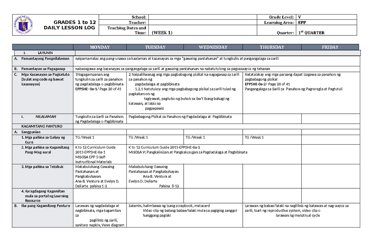 DLL EPP 5 Q1 W1 - U can use this as you daily lesson log - GRADES 1 to ...