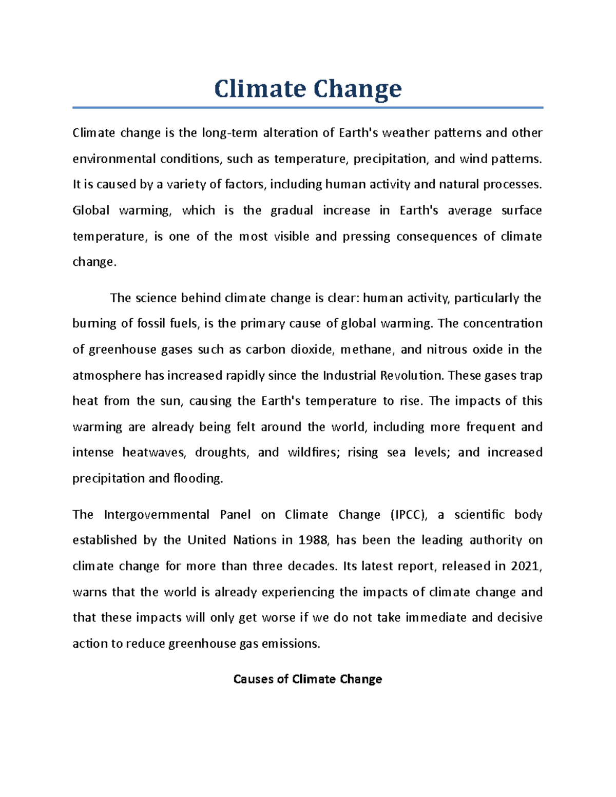 Climate change - Climate Change Climate change is the long-term ...