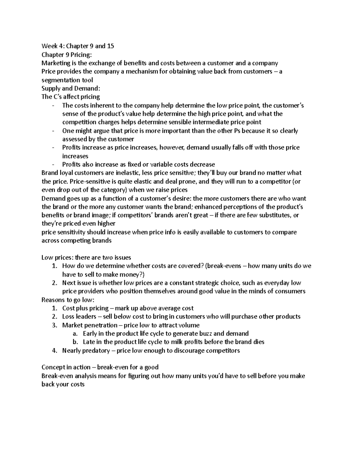 Marketing notes (4) - Week 4: Chapter 9 and 15 Chapter 9 Pricing ...