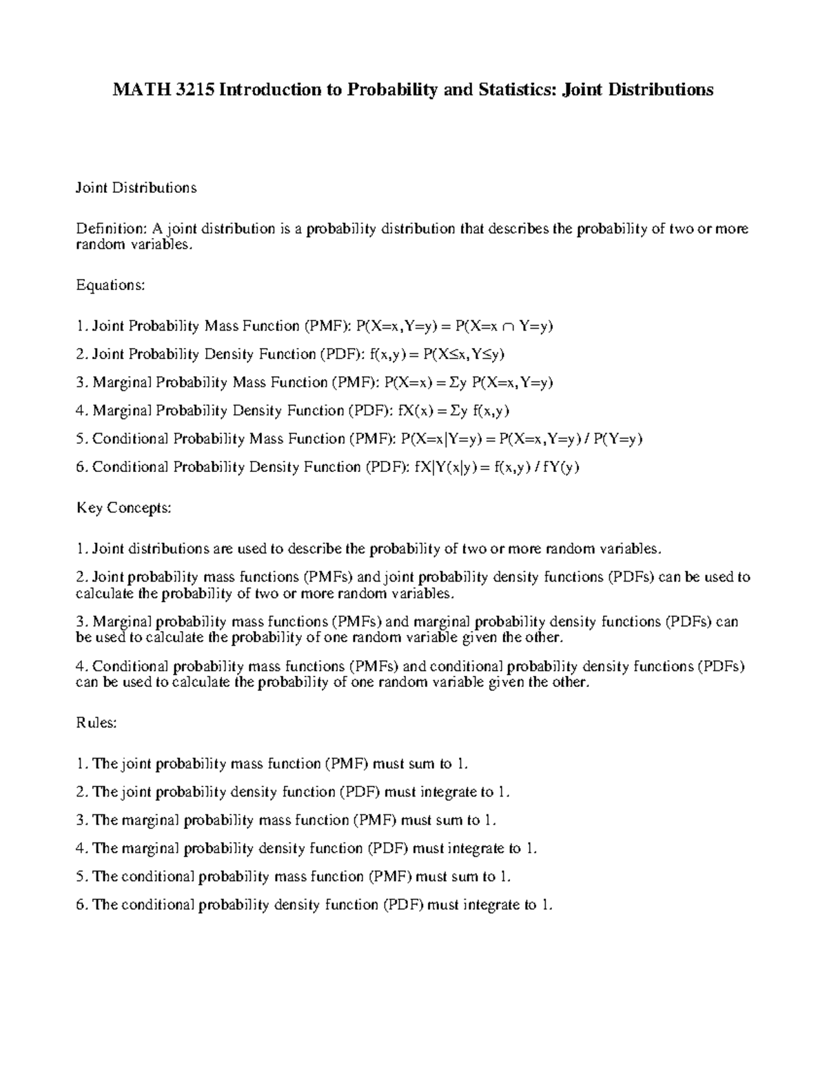 MATH 3215 Introduction to Probability and Statistics - Joint ...