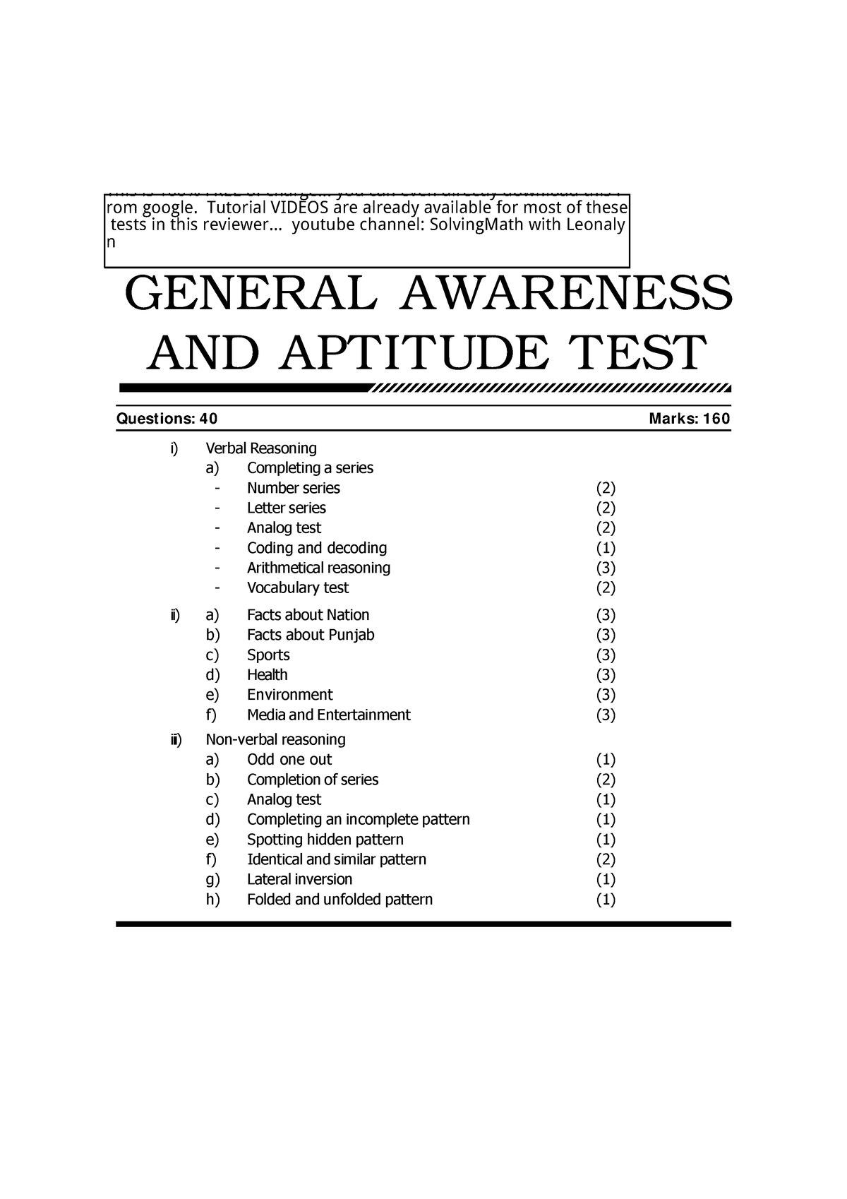 Afpsat Reviewer General Aptitude Battery Test Questions 40 Marks 160 I Verbal Reasoning A