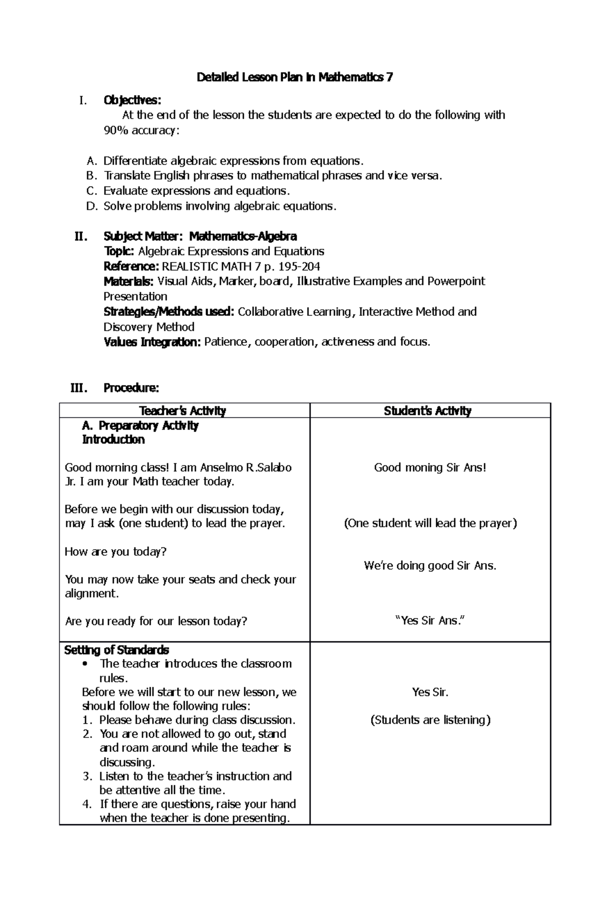 Detailed Lesson Plan In Math 7 Detailed Lesson Plan In Mathematics 7 I Objectives At The End 1189