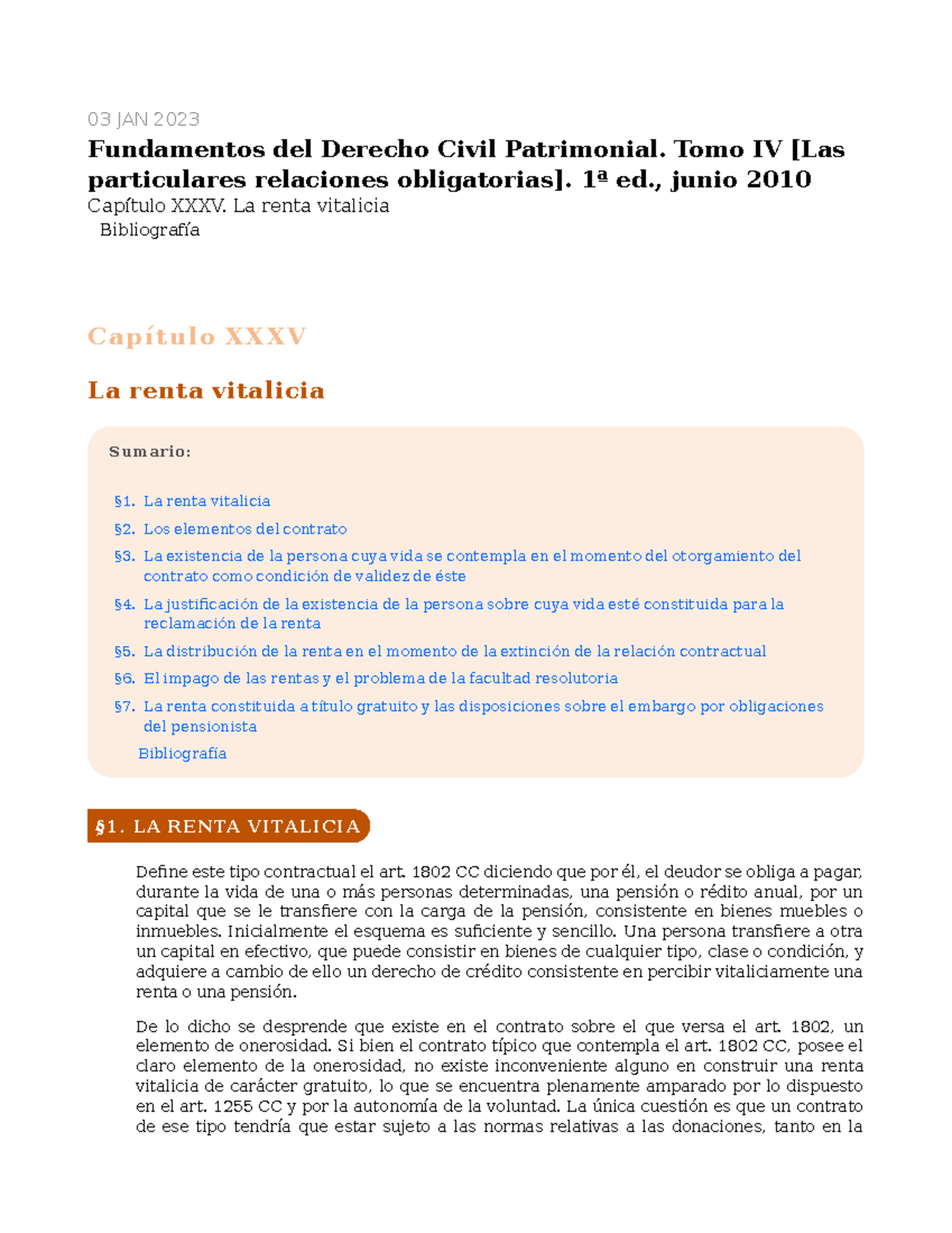 Fundamentos de Derecho Patrimonial - 03 JAN 2023 §1. La renta vitalicia