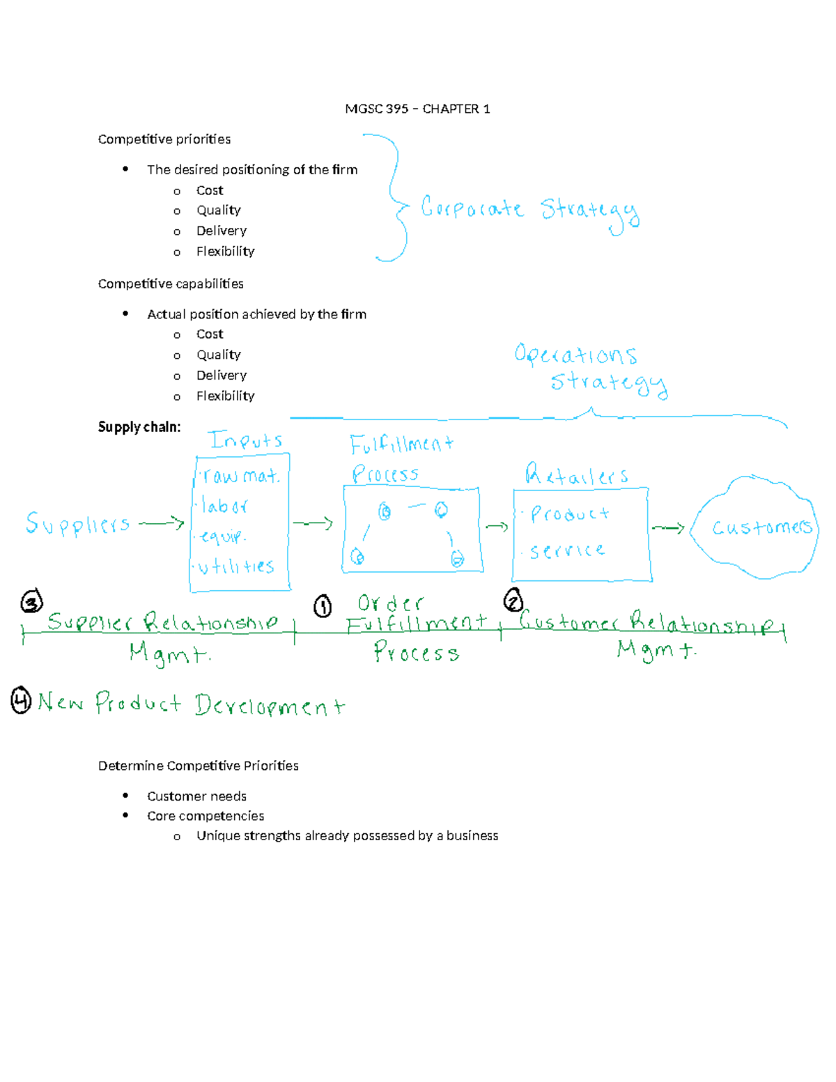 Chapter 1 Notes - MGSC 395 – CHAPTER 1 Competitive Priorities The ...