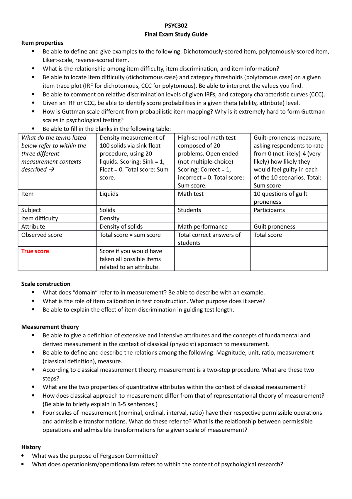 Final Exam Study Guide - PSYC Final Exam Study Guide Item Properties Be ...