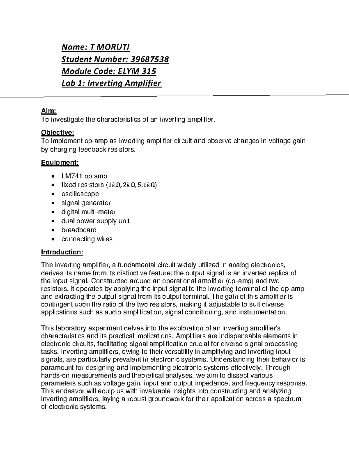 315 LAB1 - Name: T MORUTI Student Number: 39687538 Module Code: ELYM ...