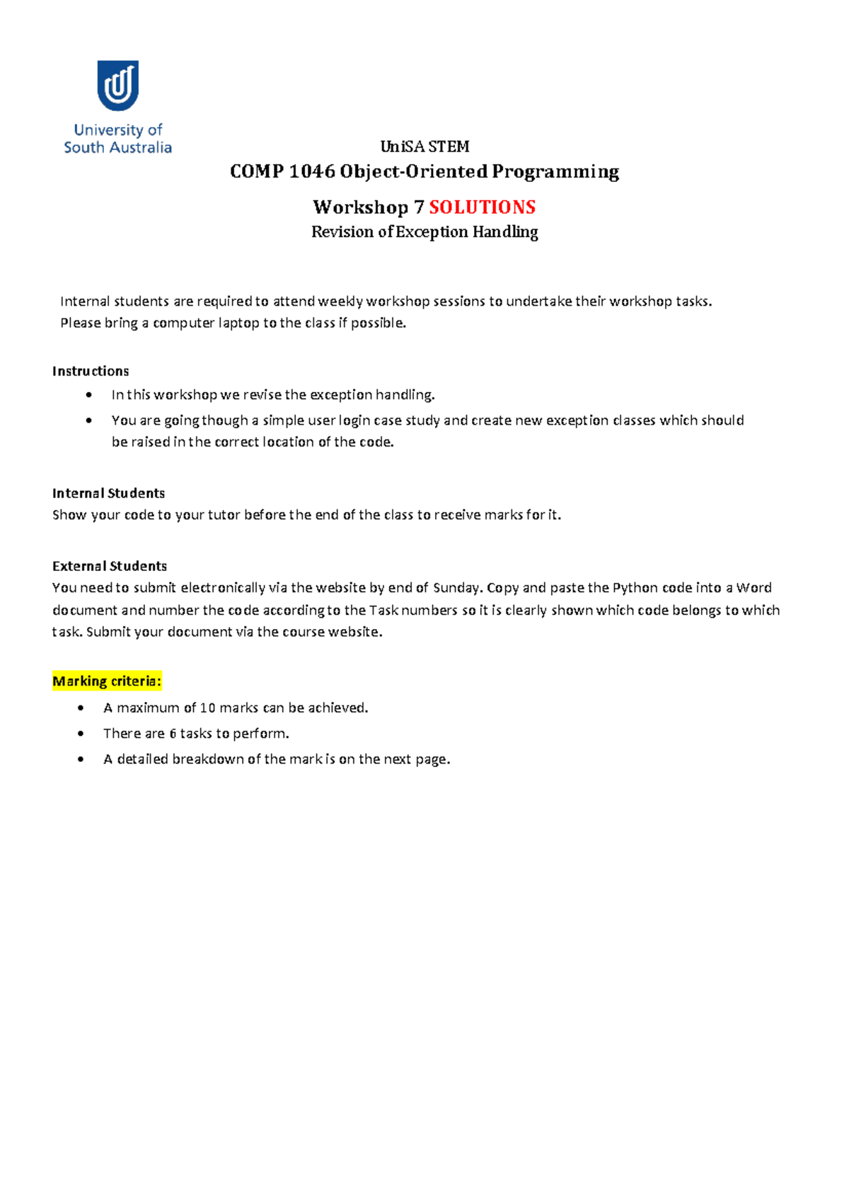 COMP 1046 WS 07 Revision Inheritance and Exception Handling SOL - UniSA ...