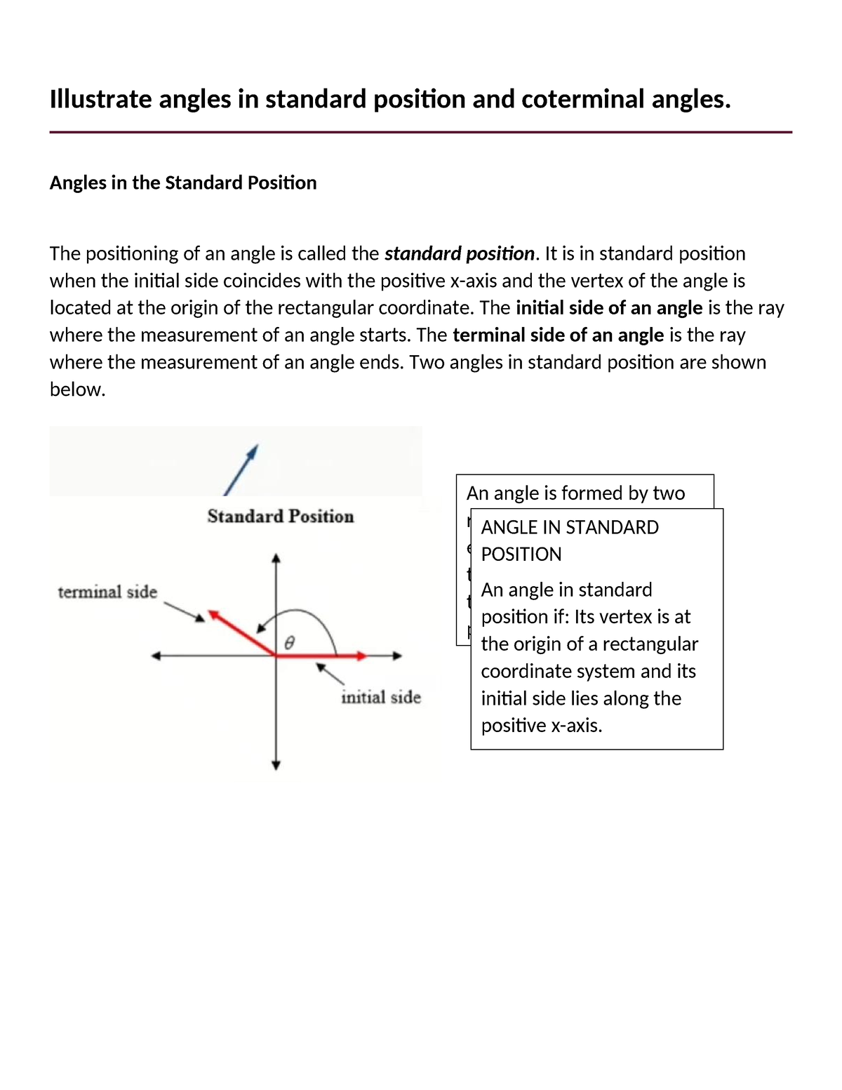 Illustrate Angles In Standard Position And Coterminal Angles Angles In The Standard Position 7004