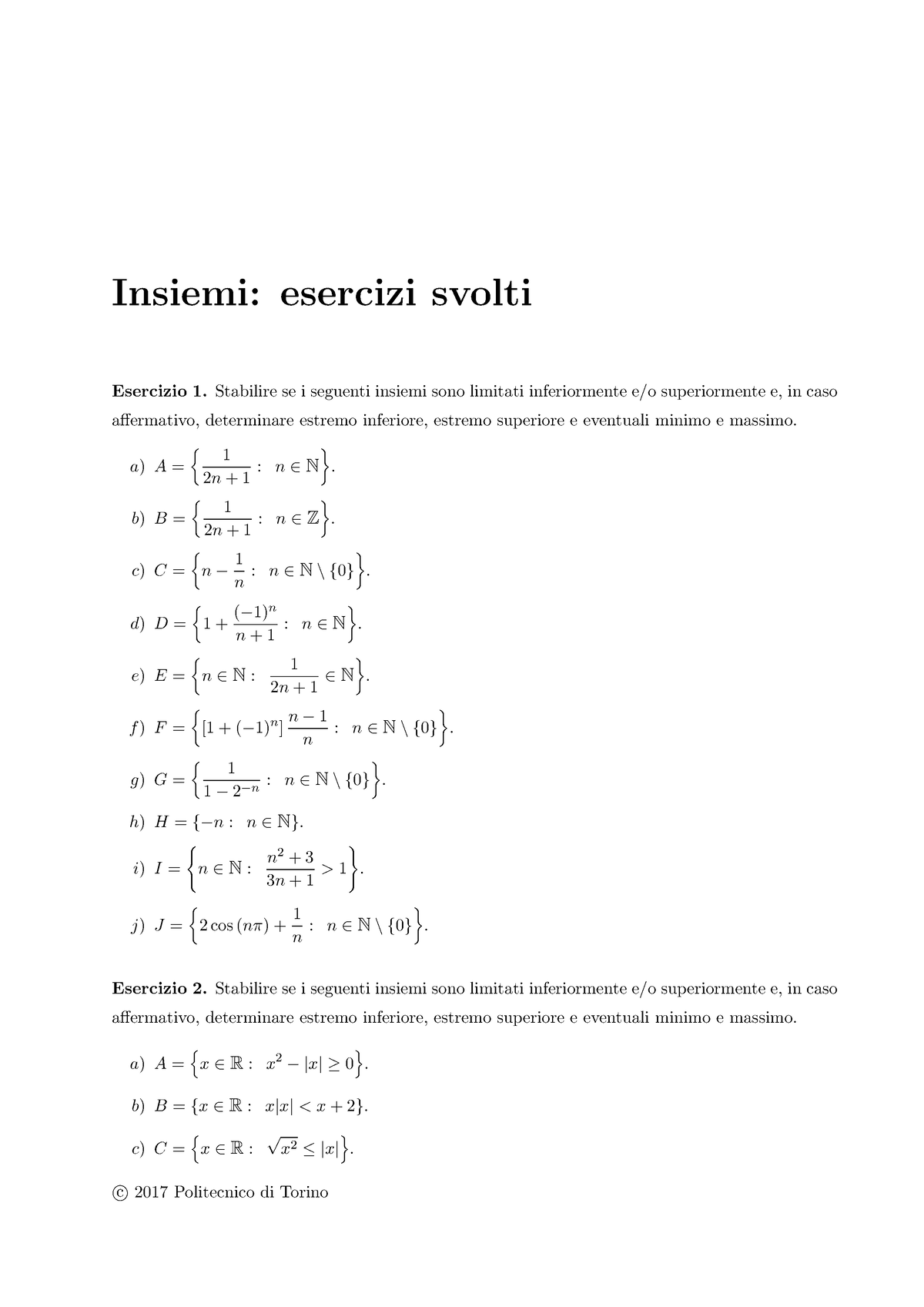 Esercizi Insiemi Svolti - Esercizio 1. Stabilire Se I Seguenti Insiemi ...