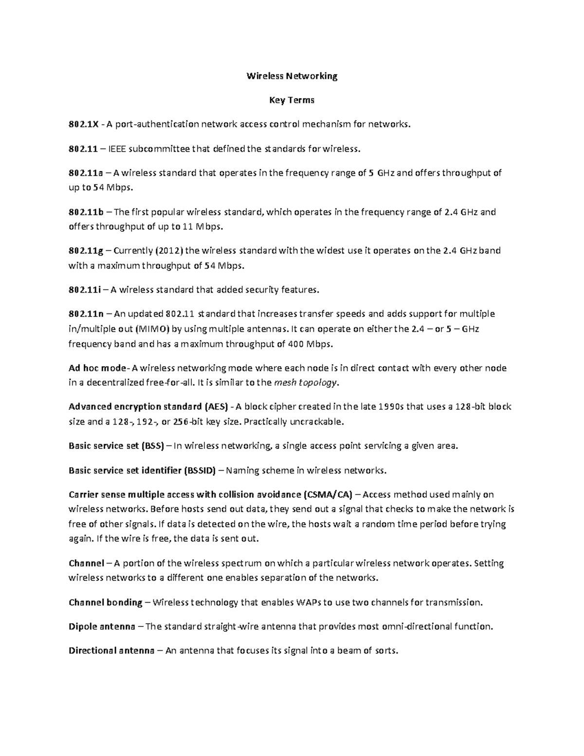 Wireless Networking Key Terms - Wireless Networking Key Terms 802 - A ...