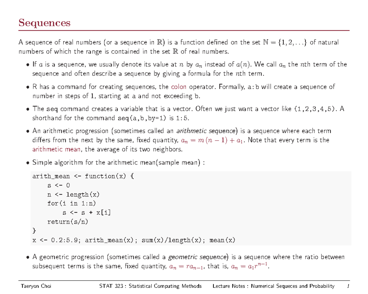 statistical computing methods lecture note1 - Sequences A sequence of ...