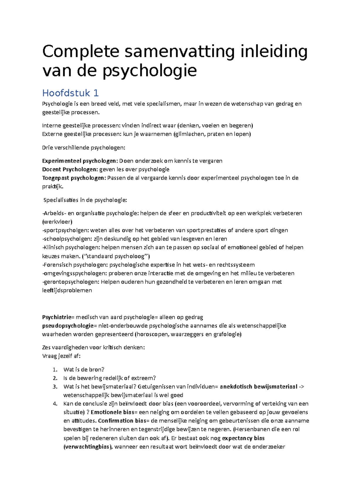 Complete Samenvatting Inleiding Van De Psychologie - Complete ...