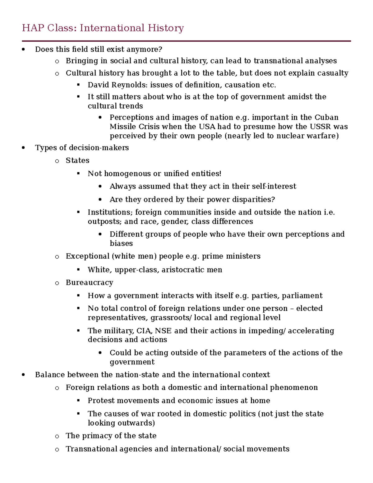 HAP Class Notes - International History - HAP Class: International ...