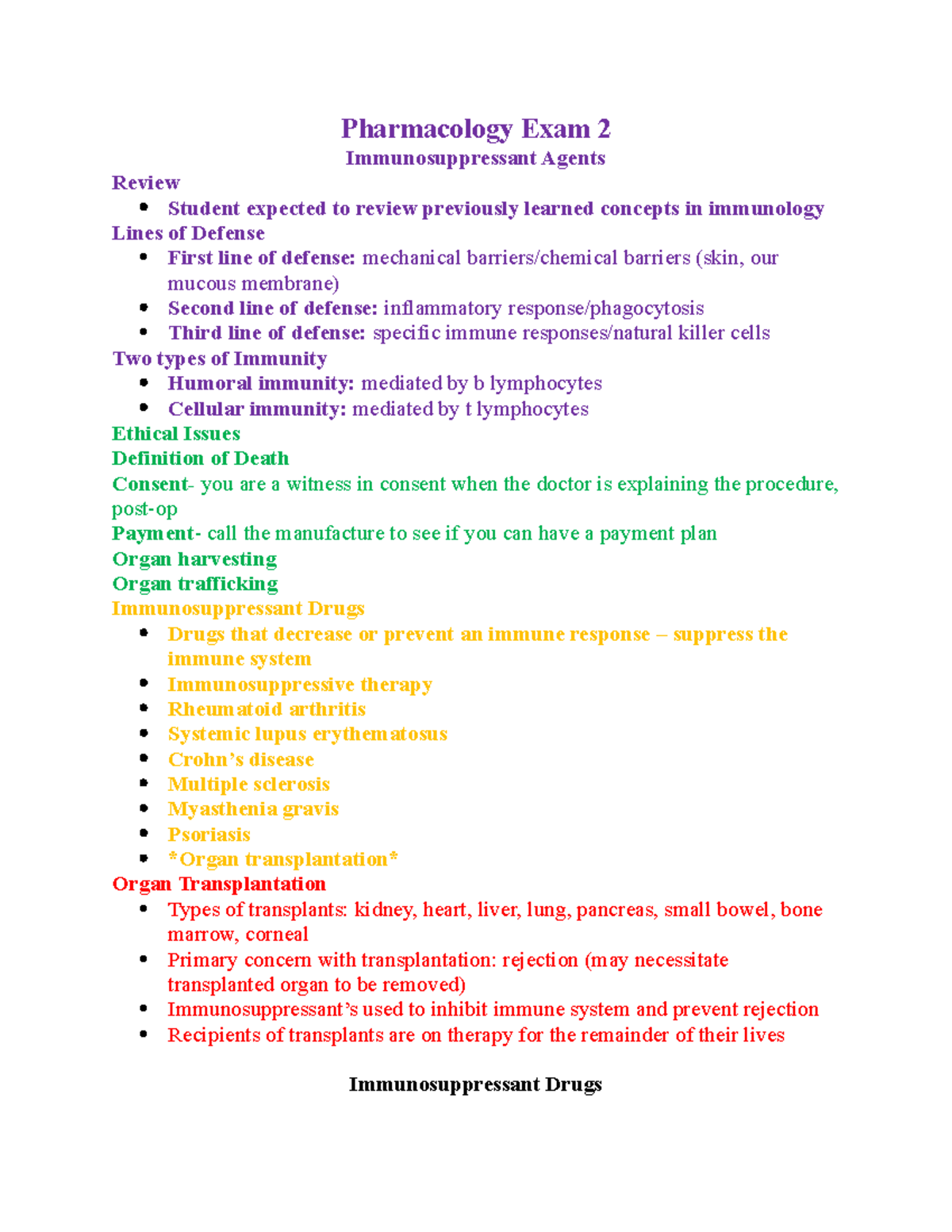 Pharmacology Exam 2 - Notes - Pharmacology Exam 2 Immunosuppressant ...