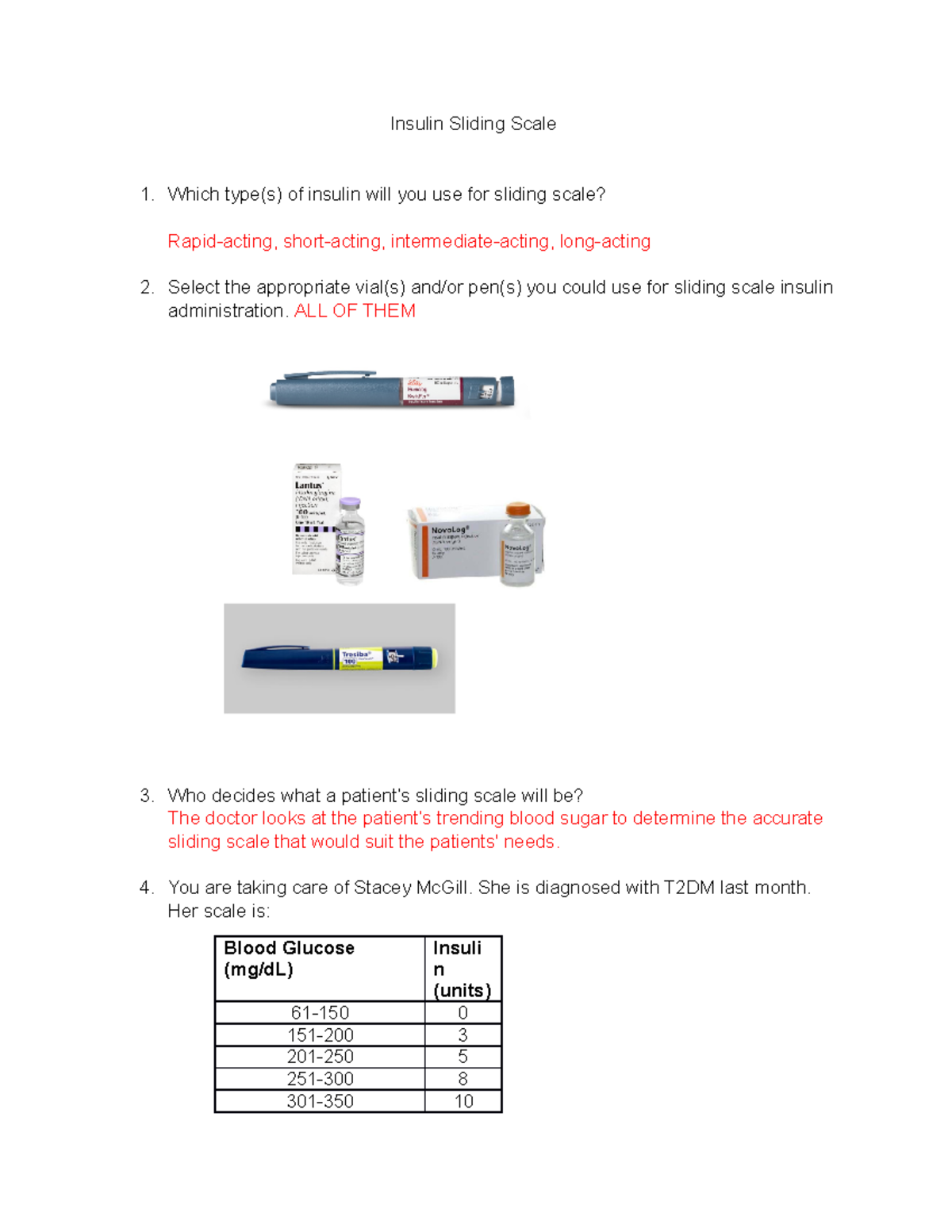 Insulin Sliding Scale class answers - Insulin Sliding Scale Which type