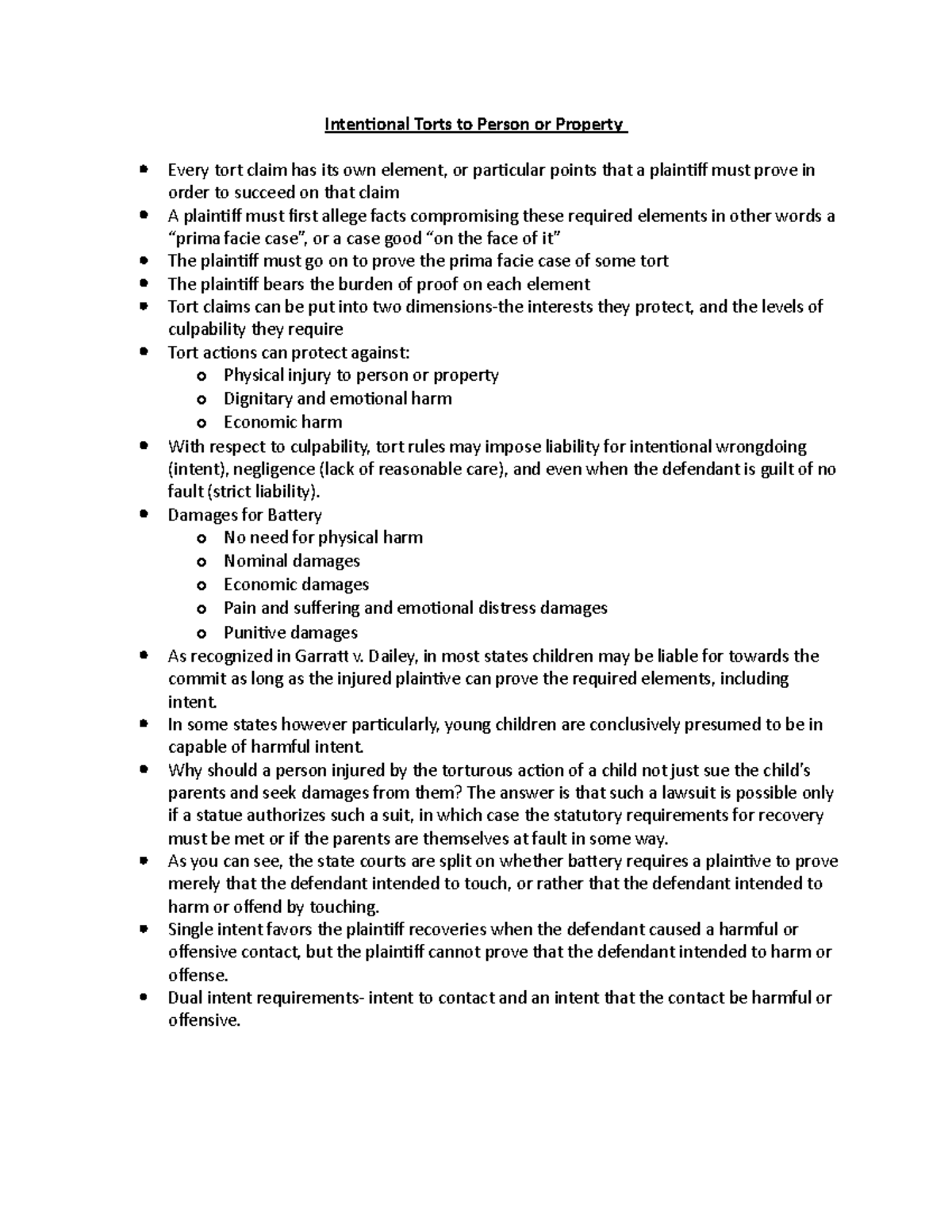 Chapter 3 Notes Class 3 Semester 1 Torts - Intentional Torts to Person ...