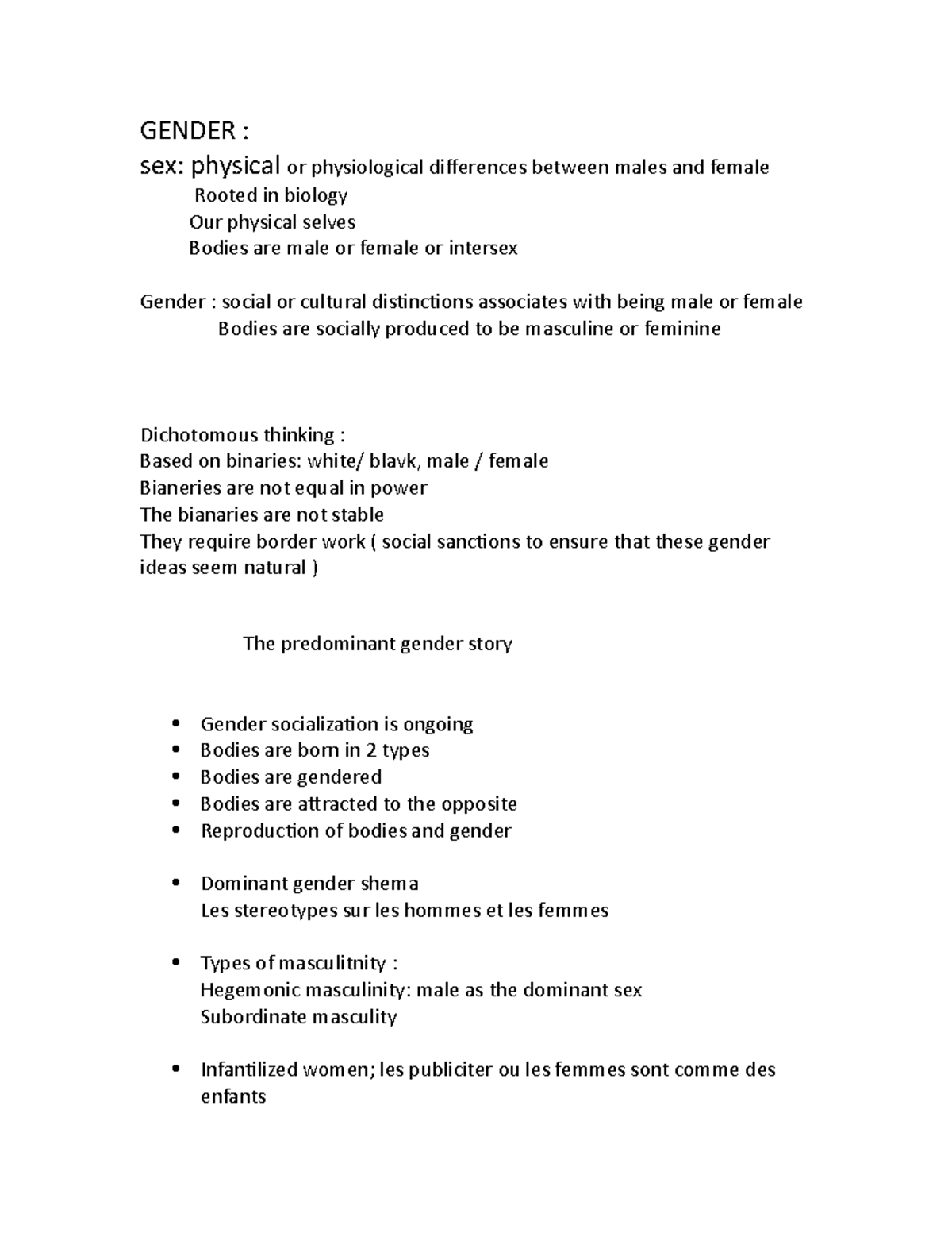 Sociology notes - sex and gender - GENDER : sex: physical or ...