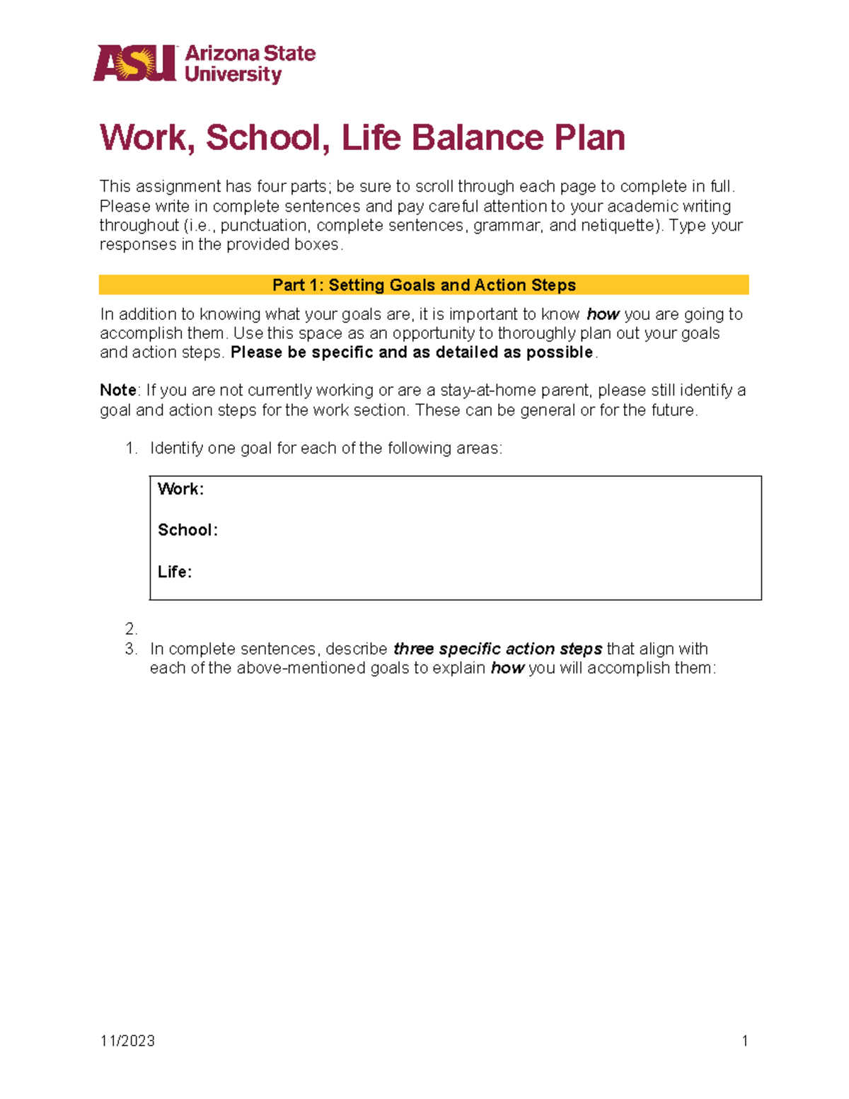 Work, School, Life Balance Plan - Please write in complete sentences ...