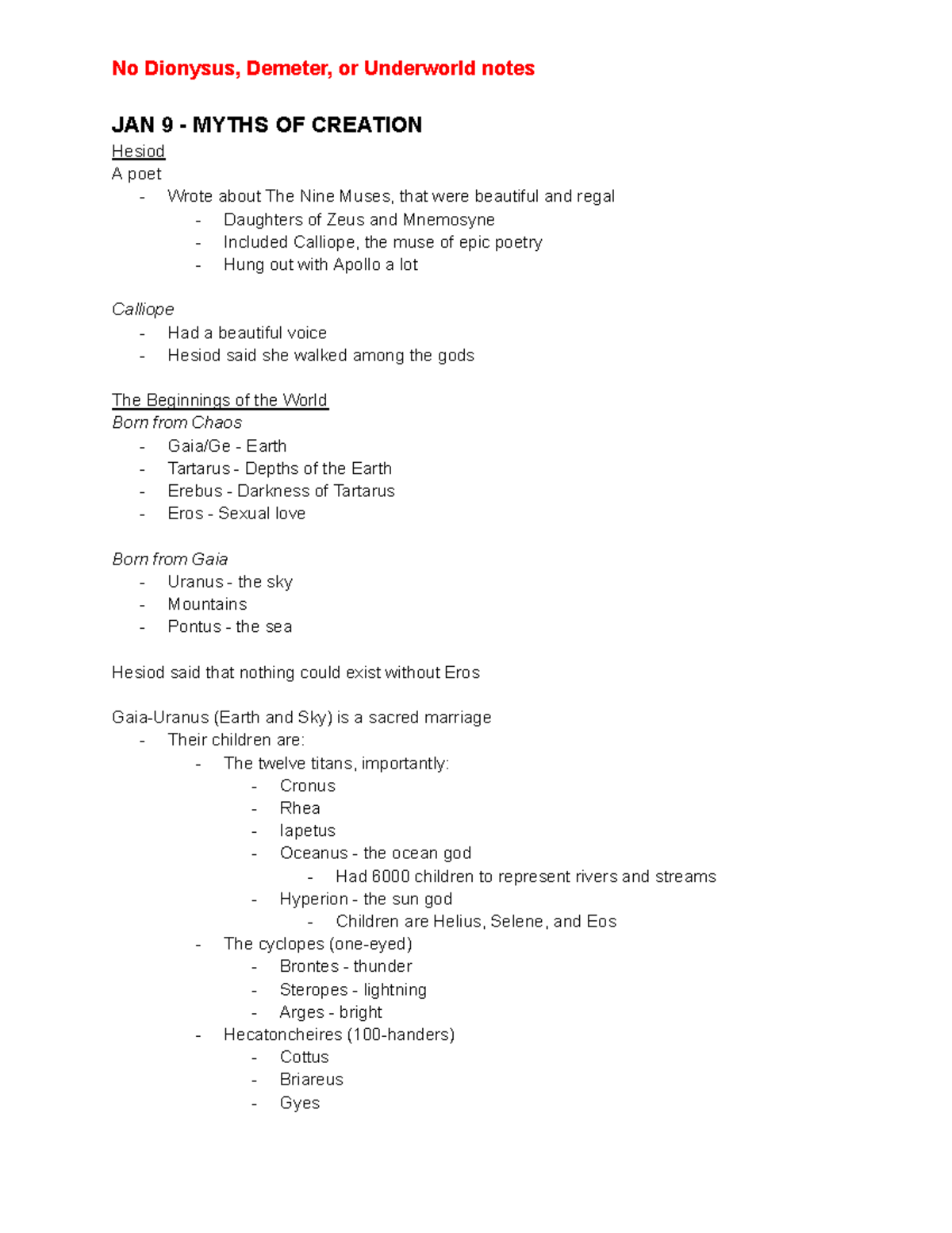 CLAS 203 Notes - No Dionysus, Demeter, or Underworld notes JAN 9 ...