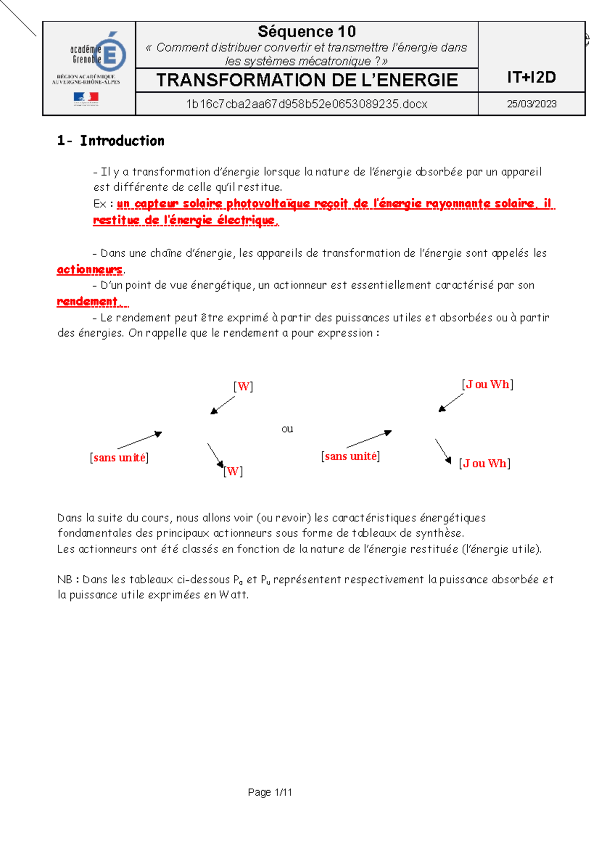 Transformation De L'‚nergie - Ou [sans Unité] [W] [W] [sans Unité] [J ...