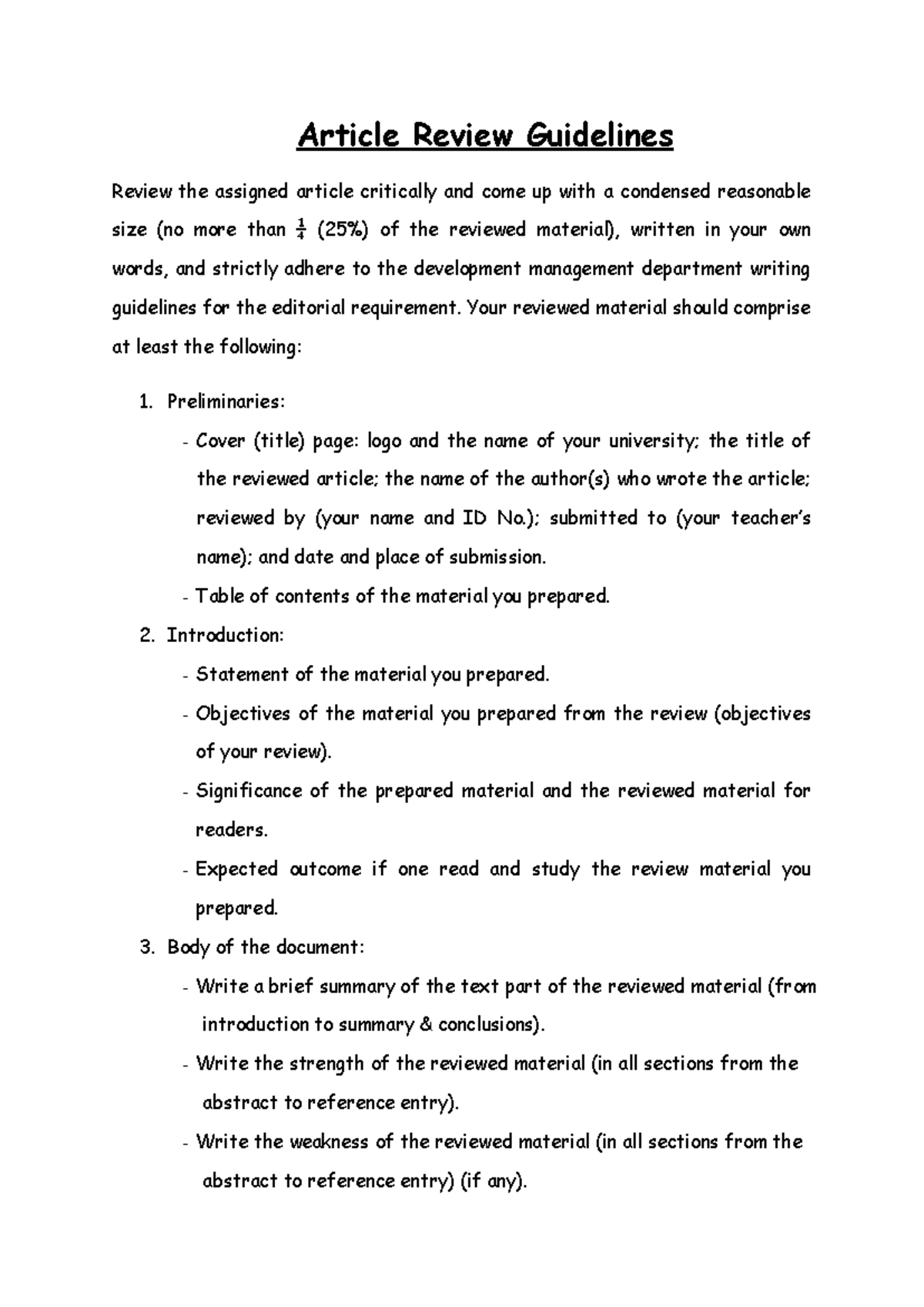 Article review guideline - Article Review Guidelines Review the ...