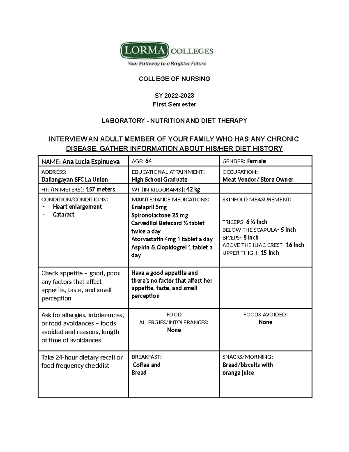 Diet History - COLLEGE OF NURSING SY 2022- First Semester LABORATORY ...