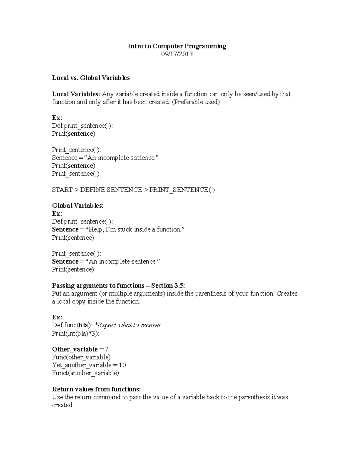 Class Notes #4 - Introduction to Computer Programing Prof. Fisher ...