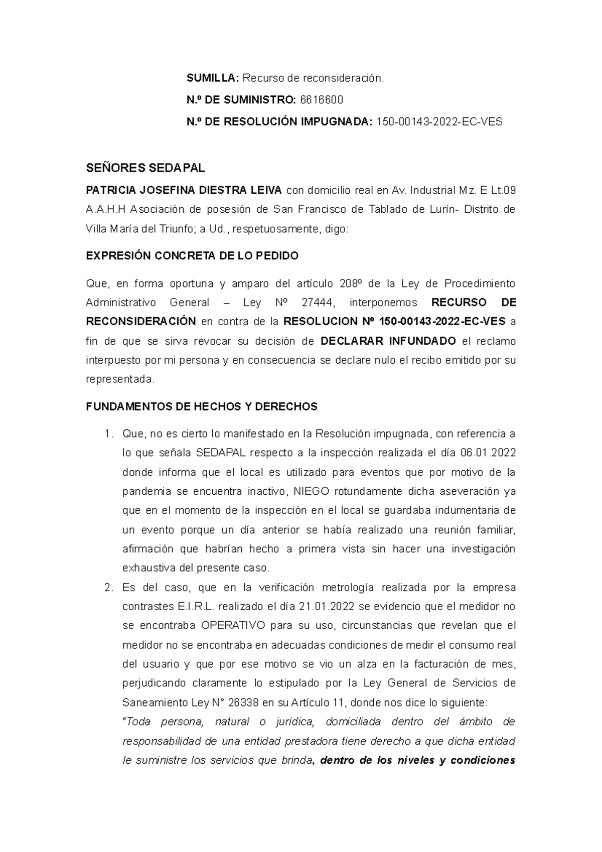 Recurso De Reconsideración - N.º DE SUMINISTRO: 6616600 N.º DE ...