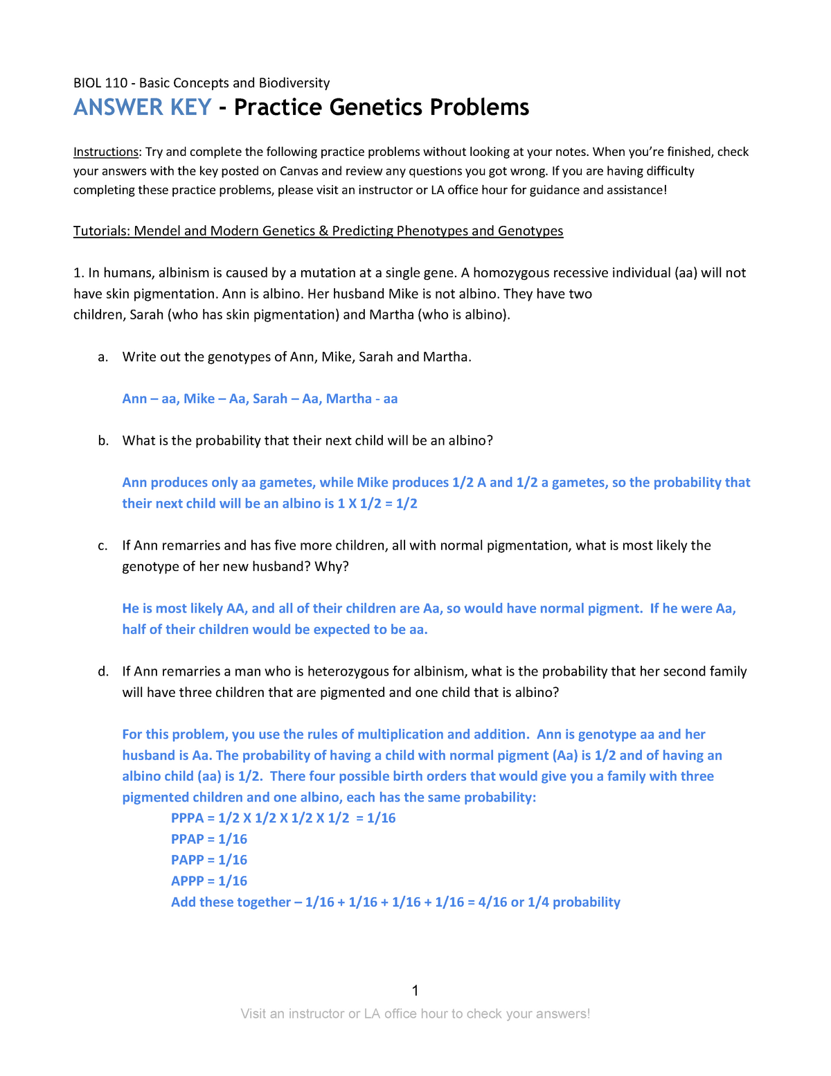 Additional Genetics Practice Answer Key - BIOL 22 - Biology For Genetics Practice Problems Worksheet