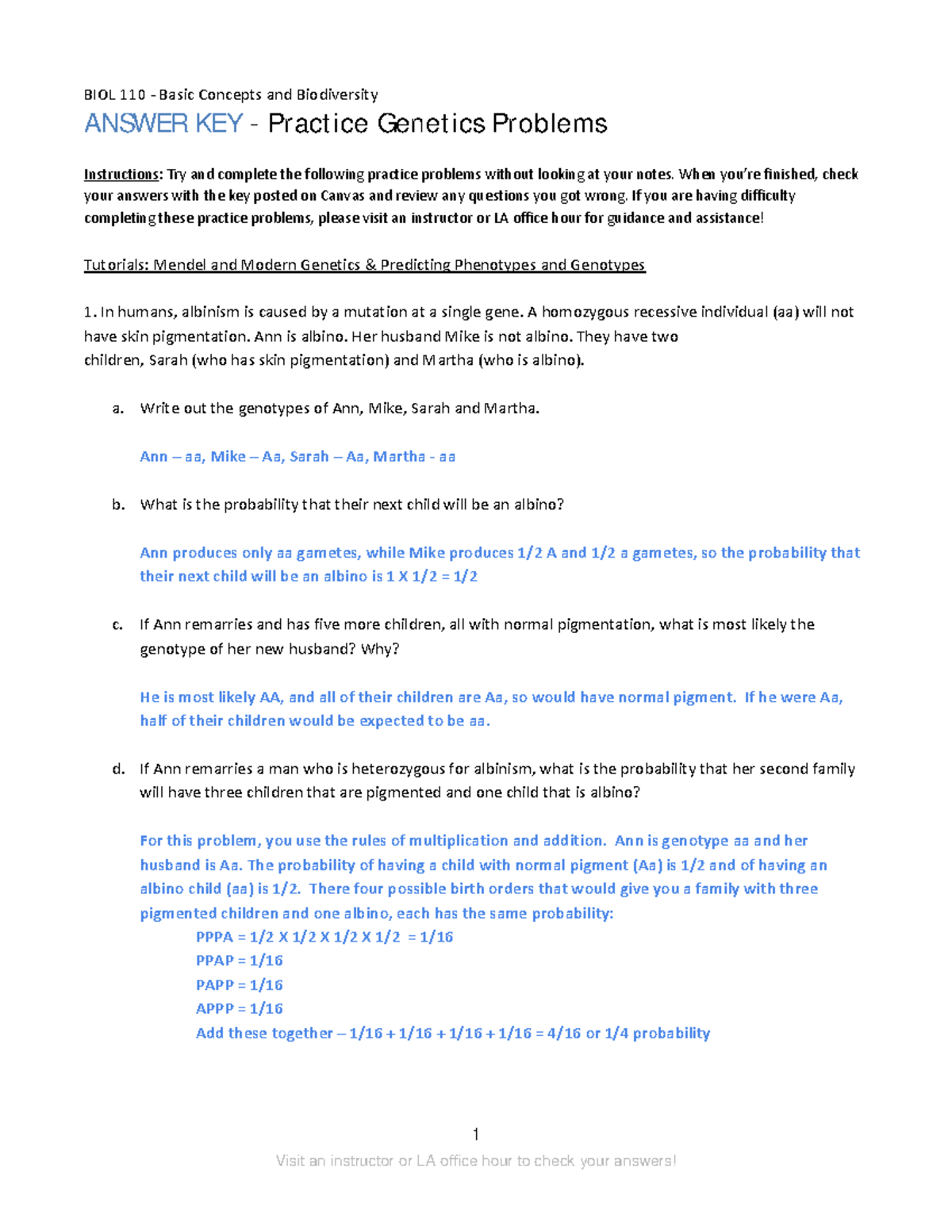 Genetics Problems Worksheet Answer Key 0422