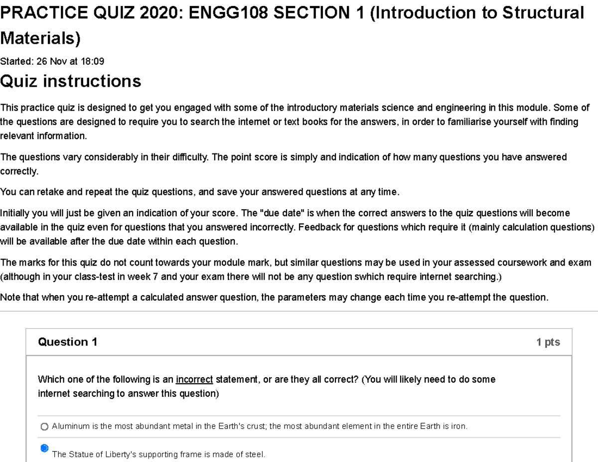 Quiz Practice Quiz 2020 Engg108 Section 1 (introduction To Structural ...