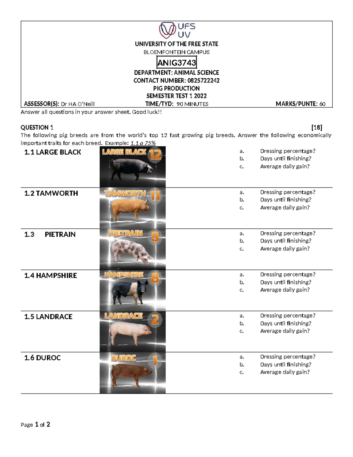ANIG3743 Semester TEST 1 2022 - UNIVERSITY OF THE FREE STATE ...