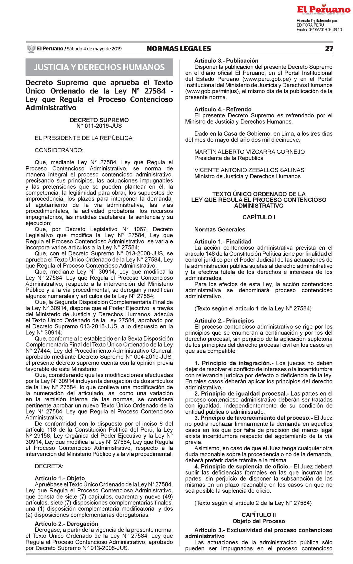 Decreto Supremo Que Aprueba El Texto Unico Ordenado De La Le Decreto ...