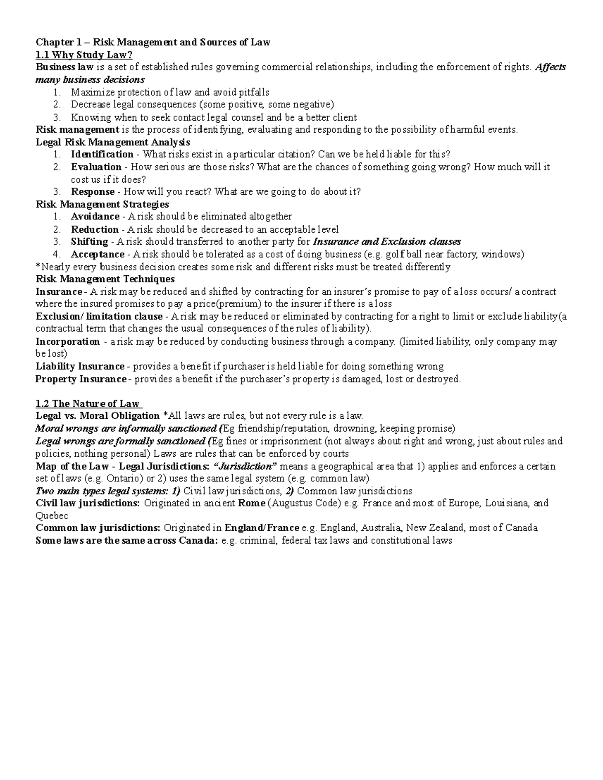 Law study guide/cheat sheet - Midterm 1 - Chapter 1 – Risk Management ...