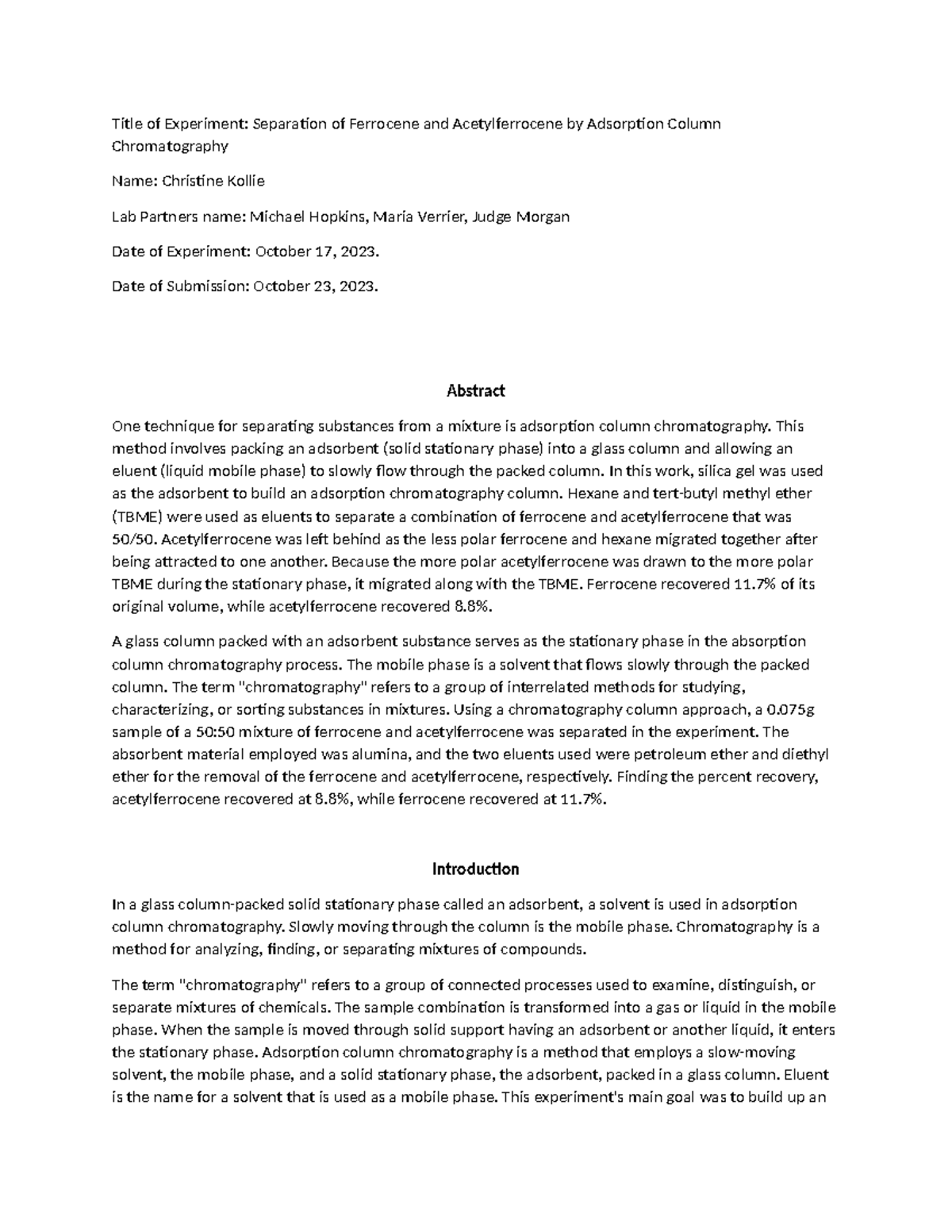 Separation of Ferrocene and Acetylferrocene by Adsorption Column