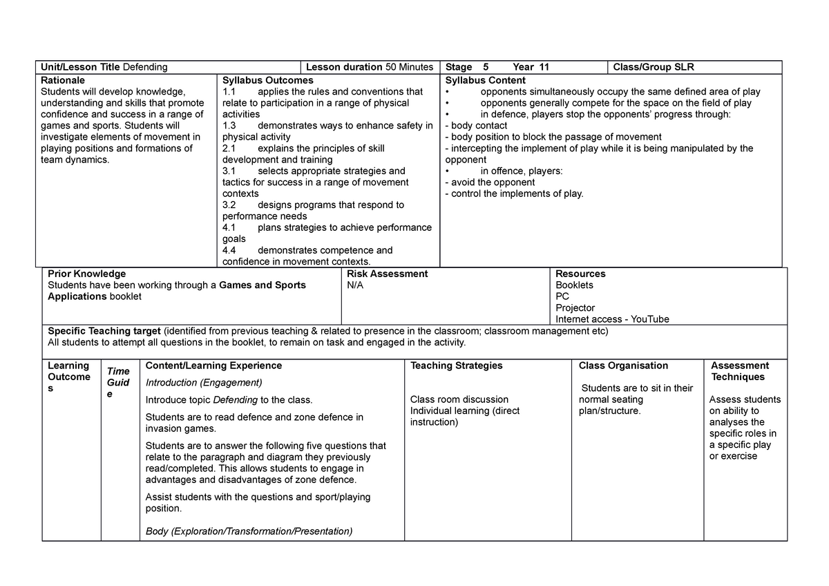 Yr 11 SLR - Defending Lesson Plan (NSW) - Unit/Lesson Title Defending ...