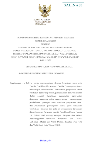 PKPU 19 Tahun 2020 - None - PERATURAN KOMISI PEMILIHAN UMUM REPUBLIK ...