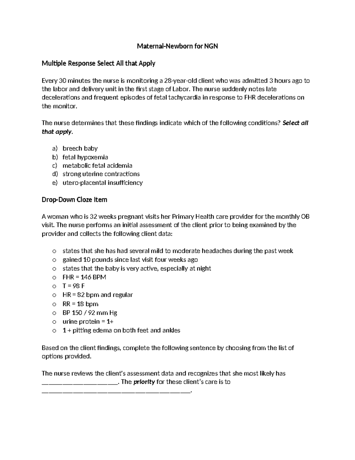 MCN - NGN - NGN questions guide relating to Maternal Newborn - Maternal ...