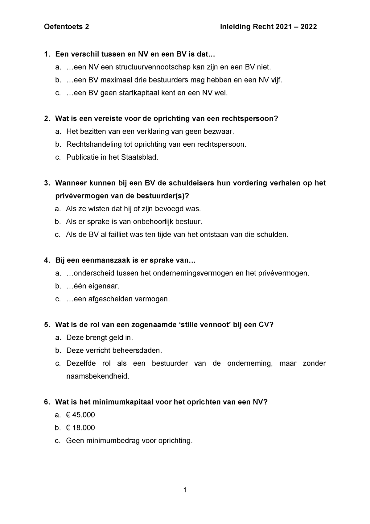 Oefentoets 2 Inleiding Recht 2021 - 2022 Student - 1. Een Verschil ...