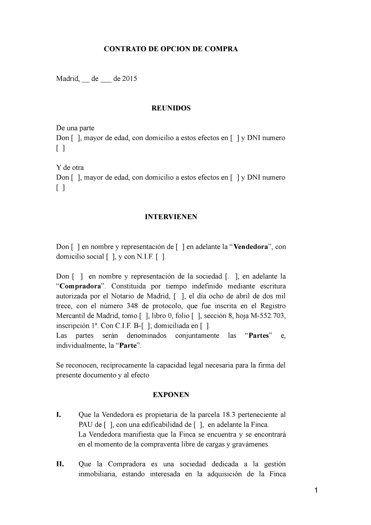 Modelo Opción Contrato De Opcion De Compra Madrid De De 2015 Reunidos De Una Parte Don 0455