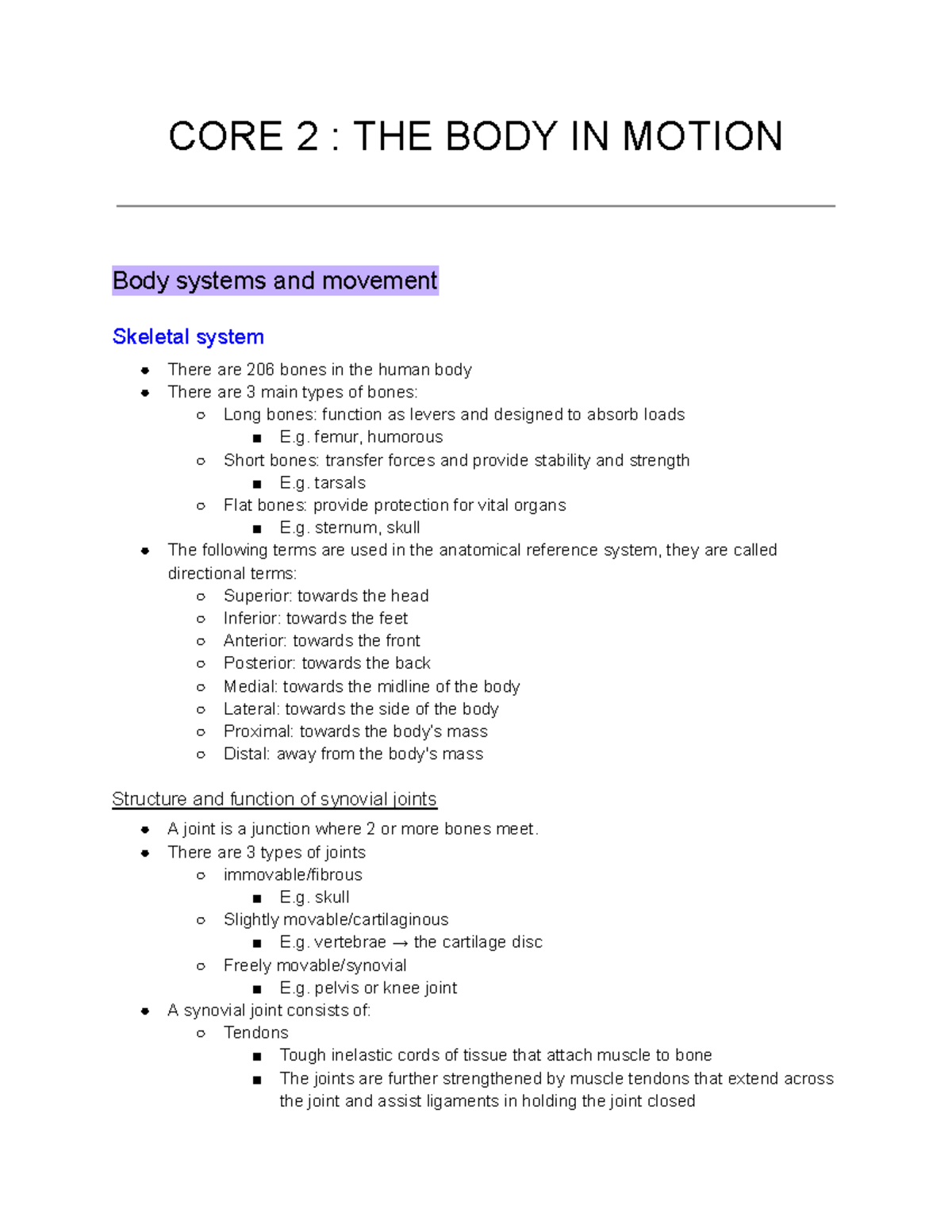 core 2:body in motion - CORE 2 : THE BODY IN MOTION Body systems and ...