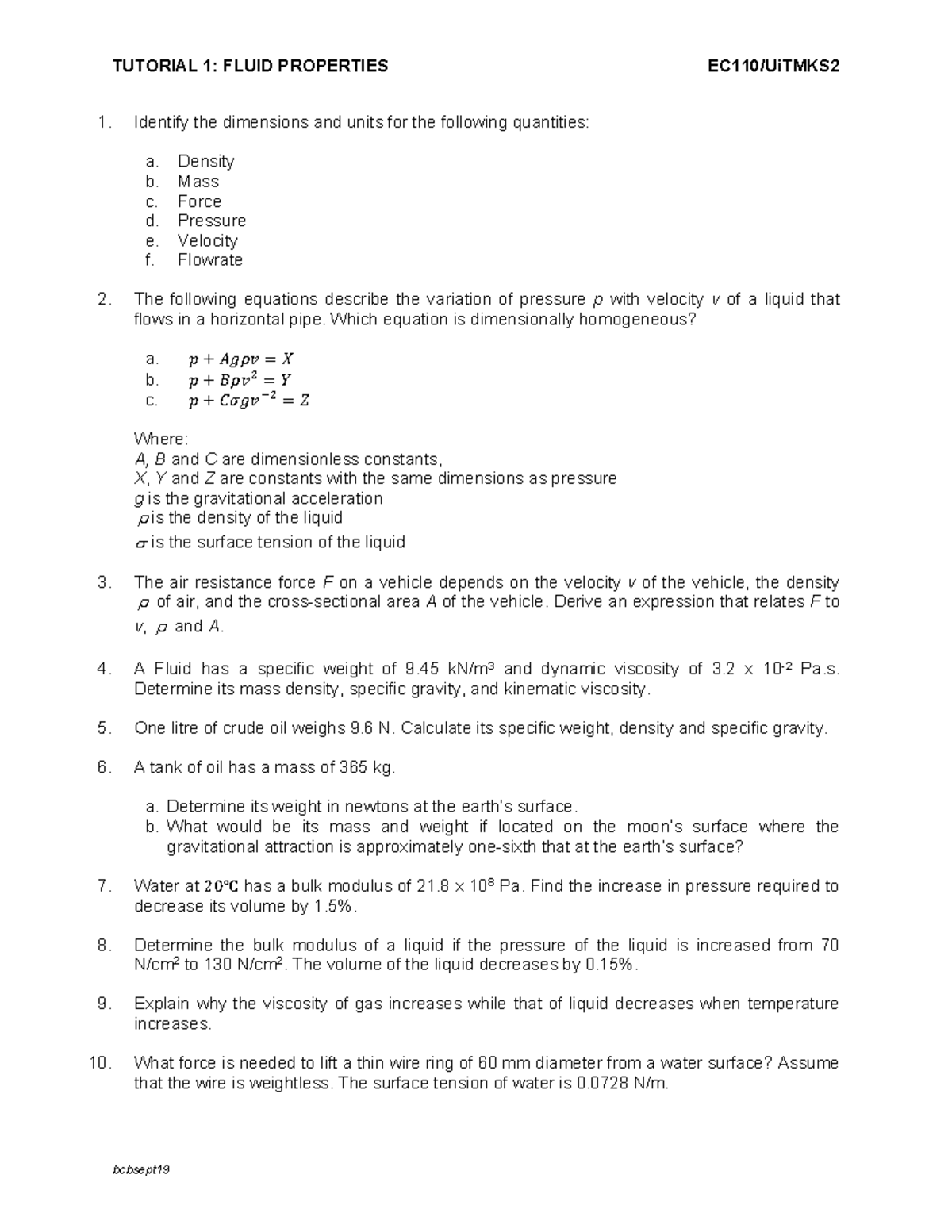 1 Tutorial Fluid Properties - 1. Identify the dimensions and units for ...