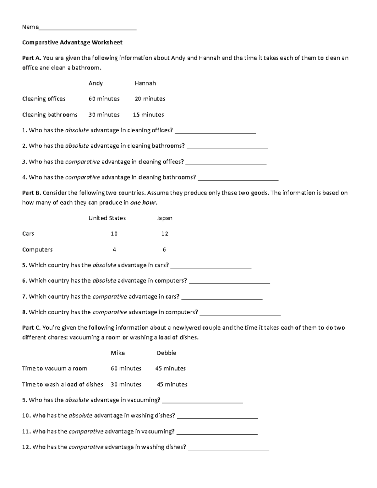 Advantage Worksheet Name Comparative