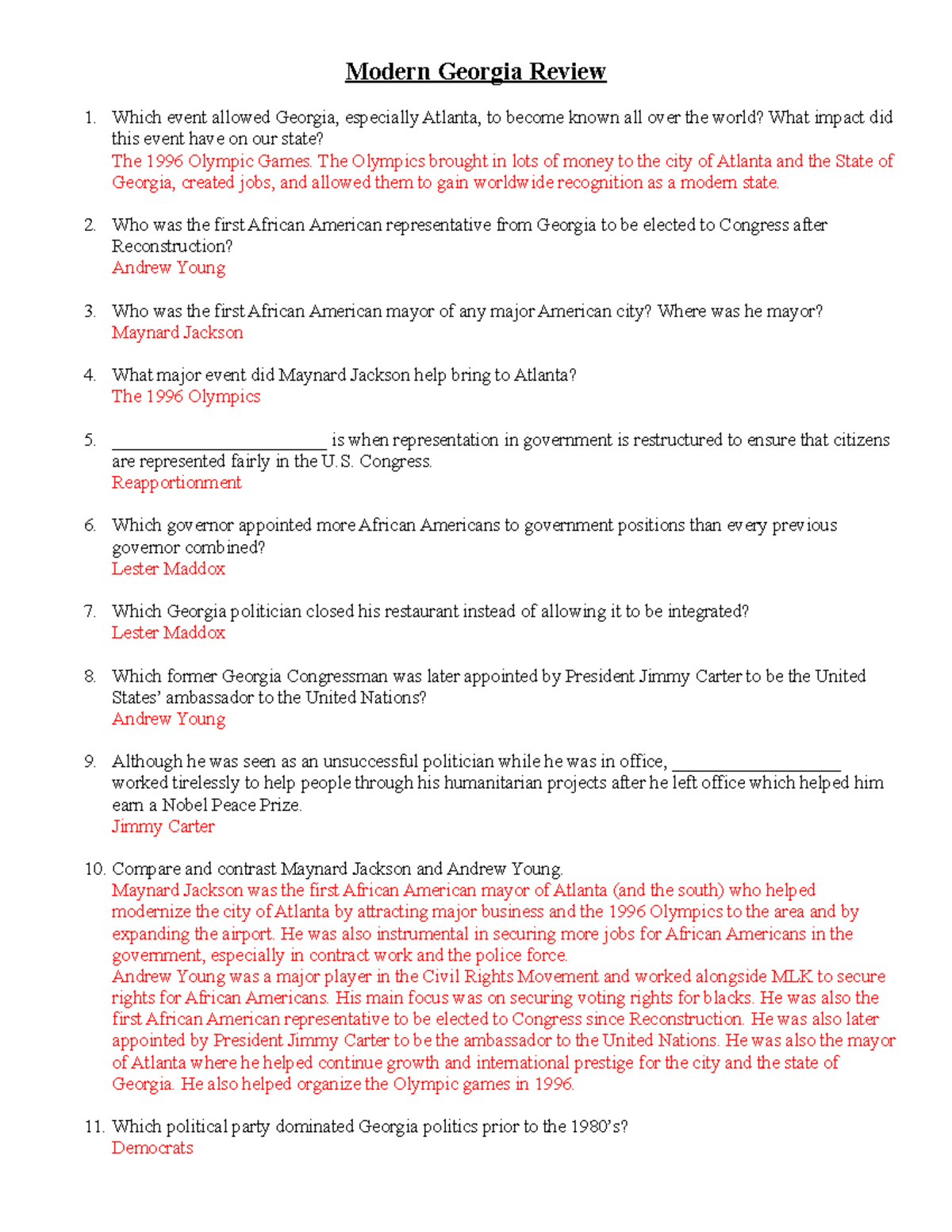 Modern GA Review sheet with answers - Modern Georgia Review Which event ...