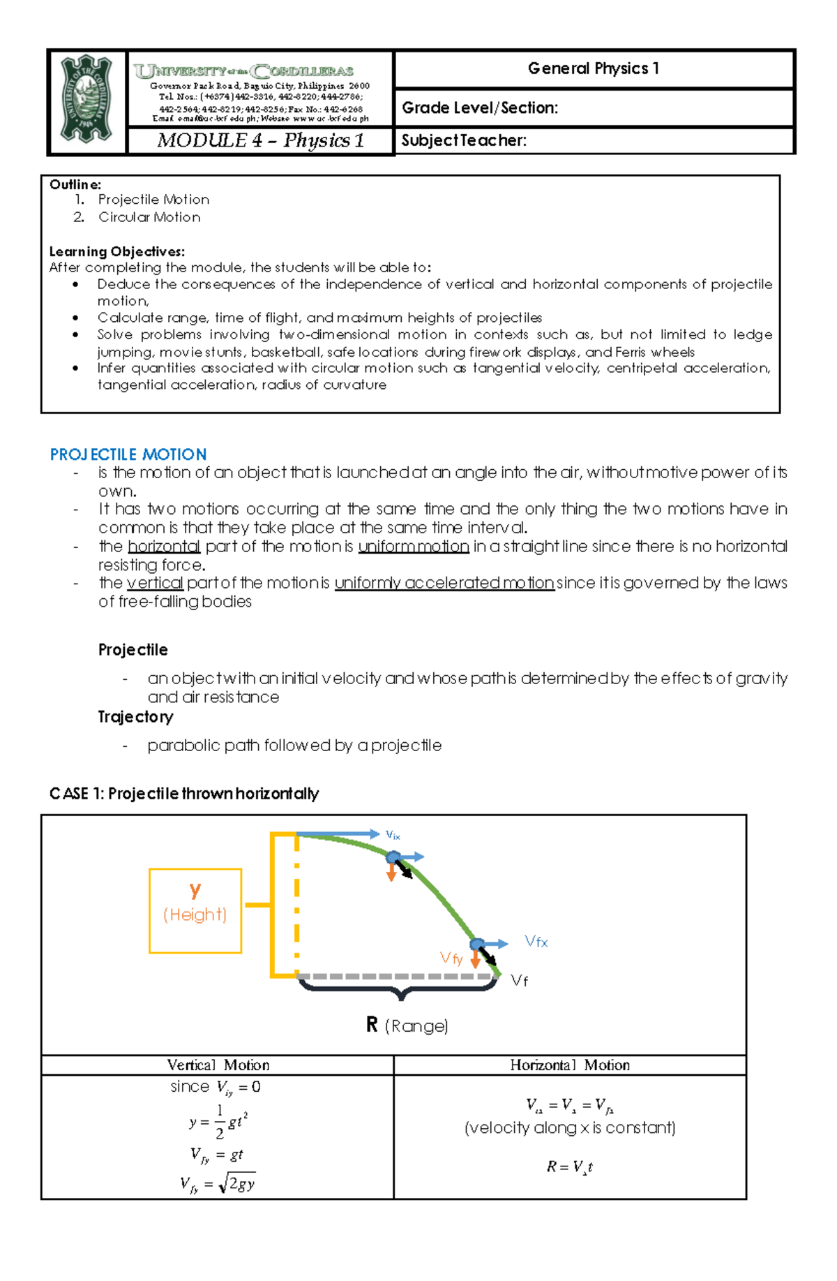 Module 4-Physics 1 Projectile and Circular Motion - Governor Pack Road ...