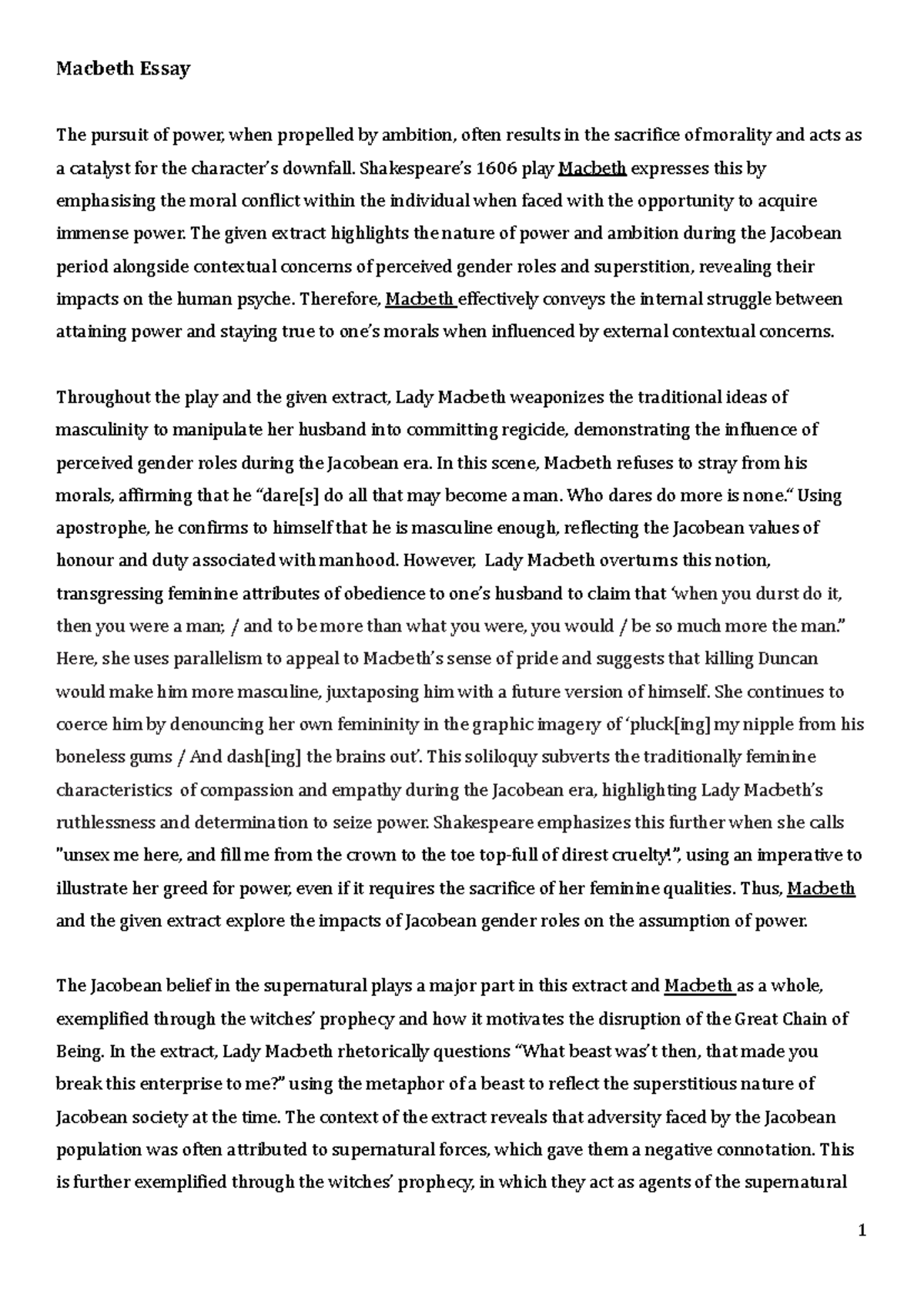 Macbeth Essay - Macbeth Essay The pursuit of power, when propelled by ...